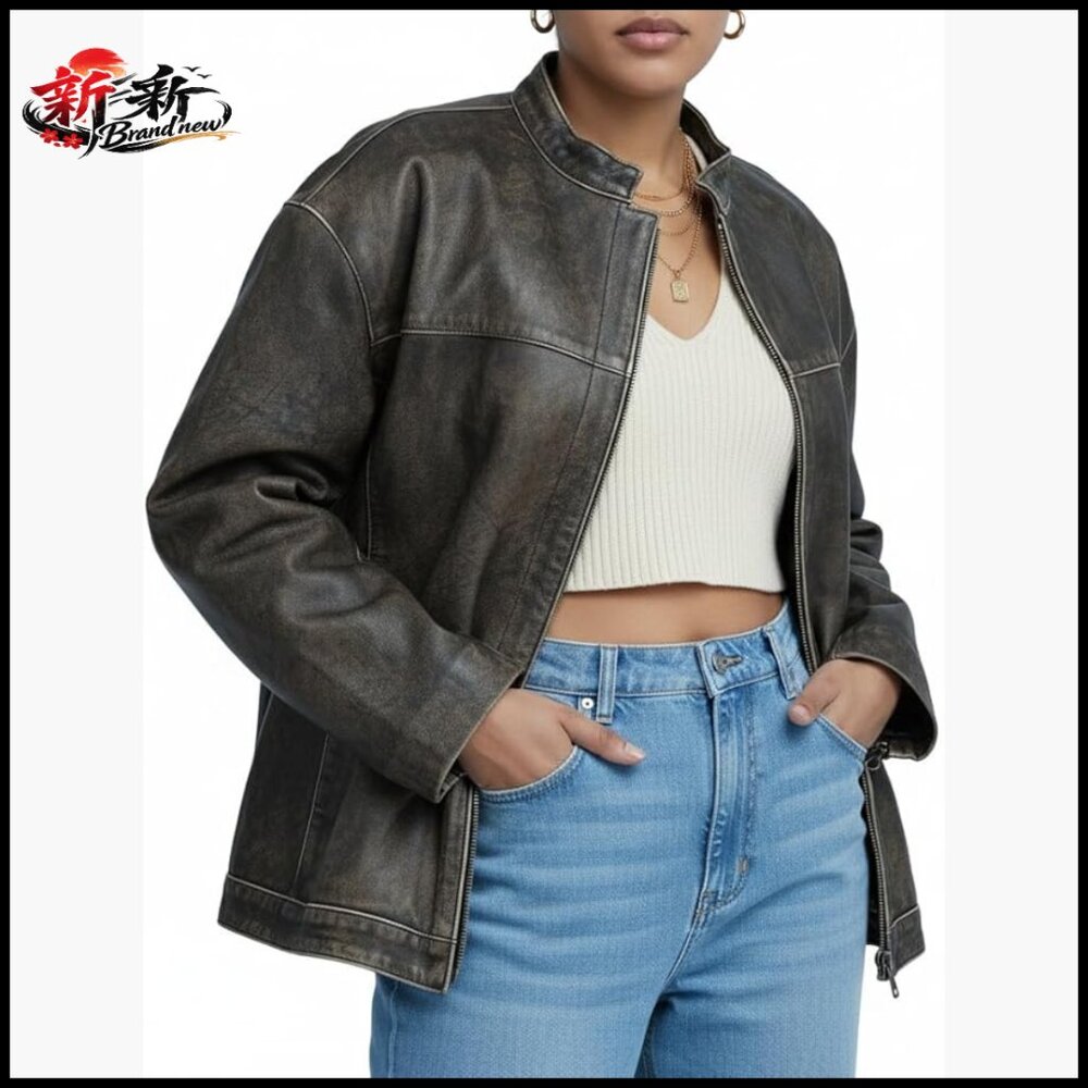 Oversized Vintage Lambskin Leather Bomber Jacket Distressed Drop-Shoulder